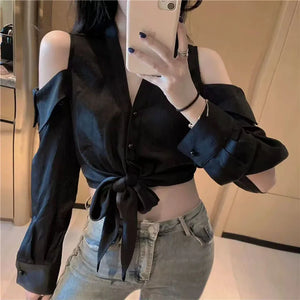 VILZSTUDIOS Chic Hollow Out Off-Shoulder Cropped Shirt