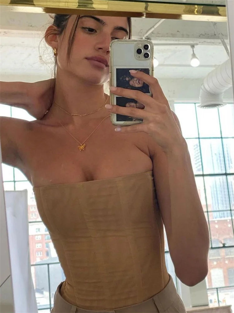 VILZSTUDIOS Luxury Elegant Patchwork Mesh Strapless Tank
