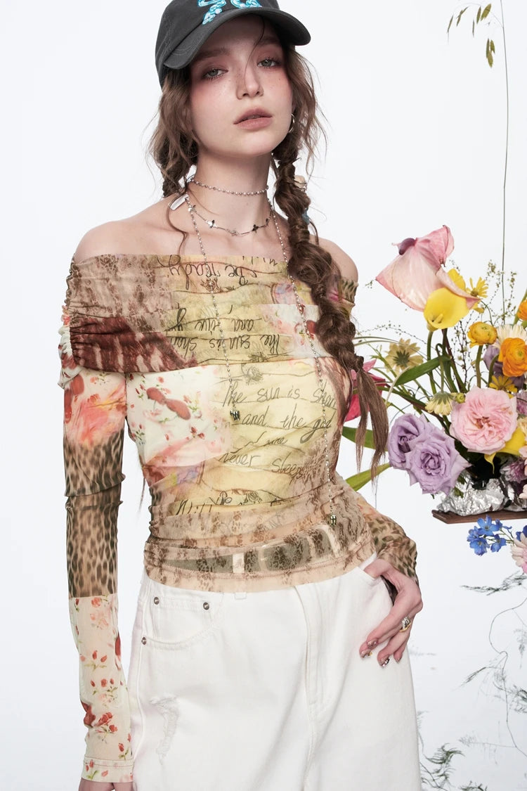 VILZSTUDIOS Elegant Printed Mesh Long Sleeve Blouse