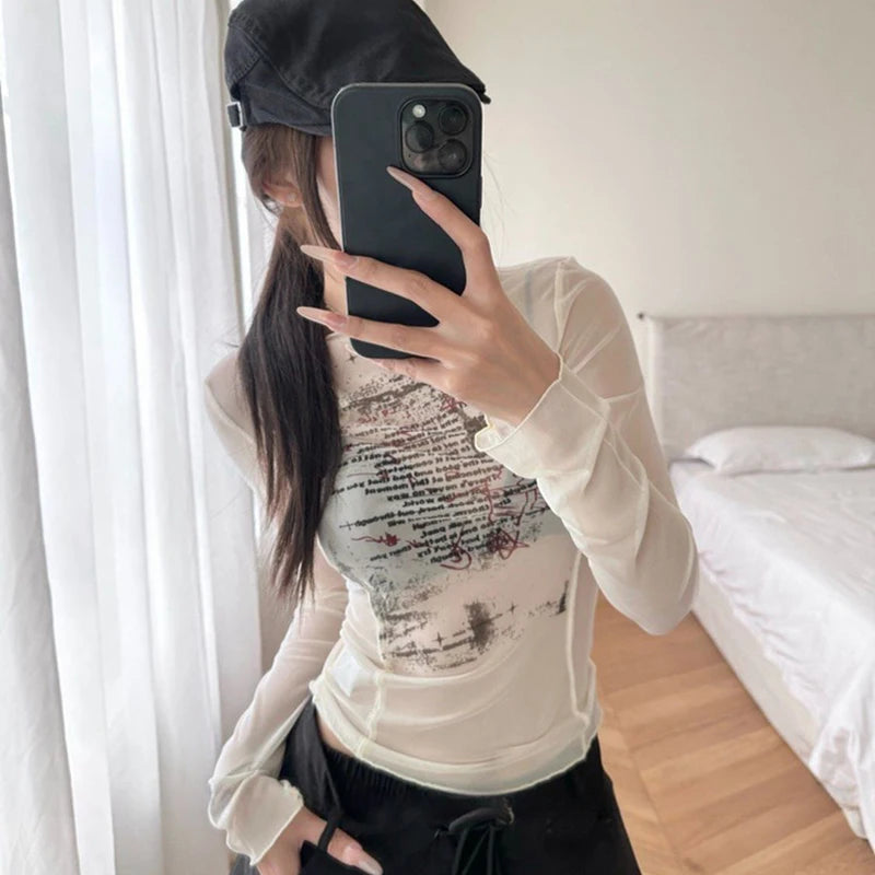 VILZSTUDIOS Sheer Mesh Print Slim Fit Top