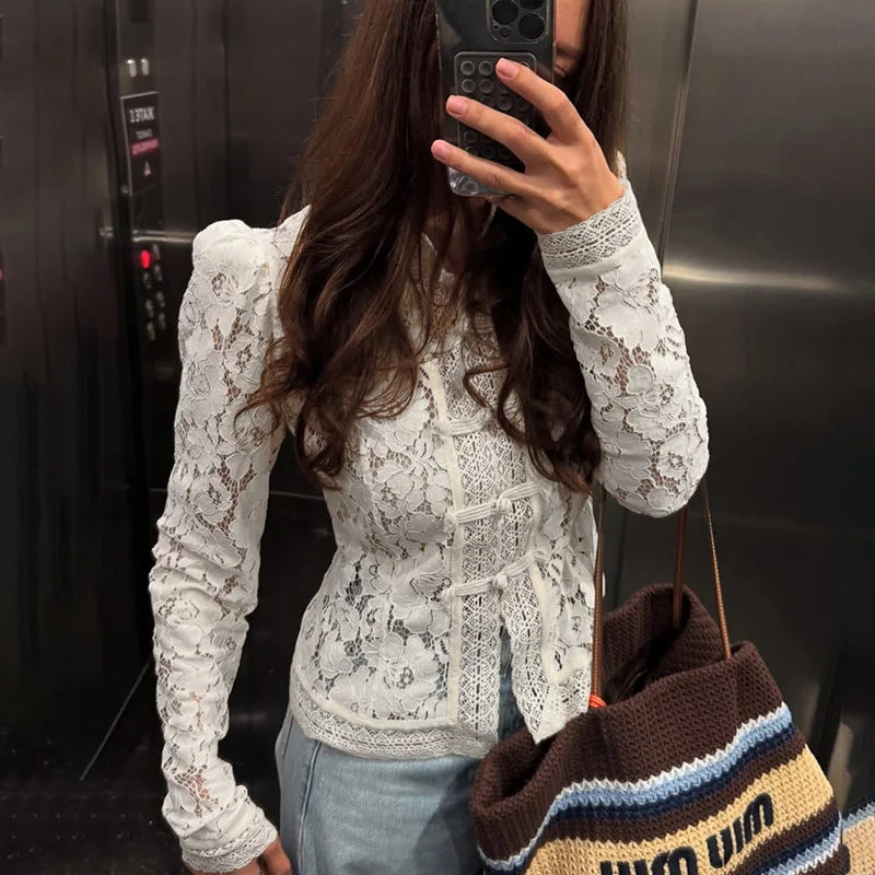VILZSTUDIOS Elegant Lace Flower Long Sleeve Blouse