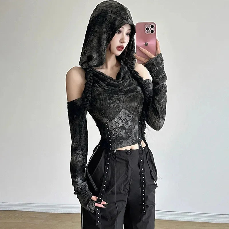 VILZSTUDIOS Gothic Hollow Out Hooded Long Sleeve Top