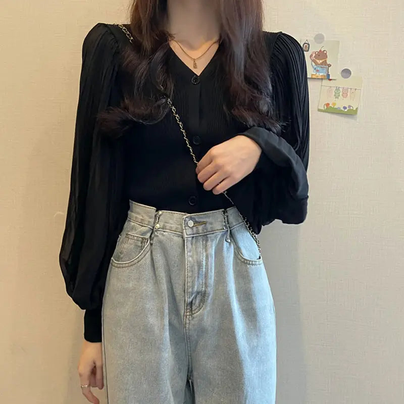VILZSTUDIOS Stylish Korean Patchwork Chiffon V-Neck Blouse