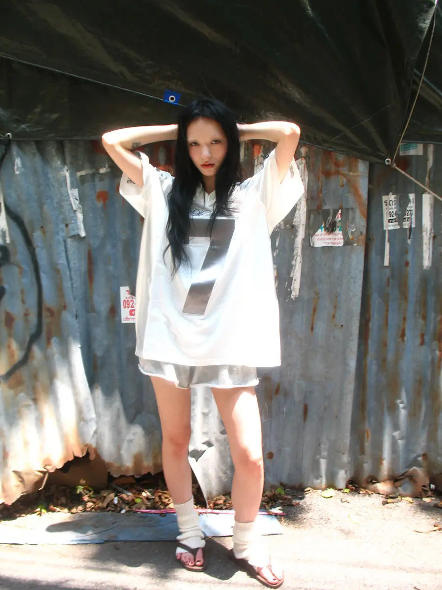 VILZSTUDIOS Silvery Oversize Hip Hop Graphic T-Shirt