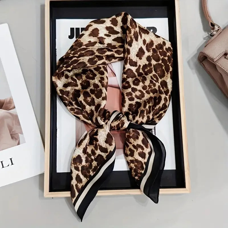 VILZSTUDIOS 70*70cm Leopard Green Brown Silk Scarf Women Simulated Silk Fresh and Elegant Versatile Headwear Clothing Bags and Square Scarf