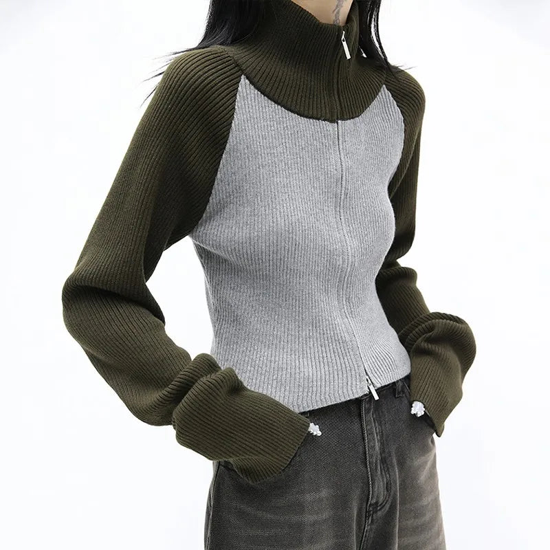 VILZSTUDIOS Vintage Grunge Patchwork Turtleneck Cardigan Coat