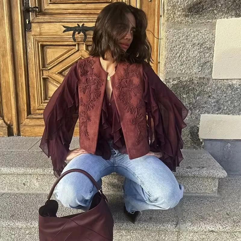 VILZSTUDIOS Stylish Embroidered Faux Suede Vest