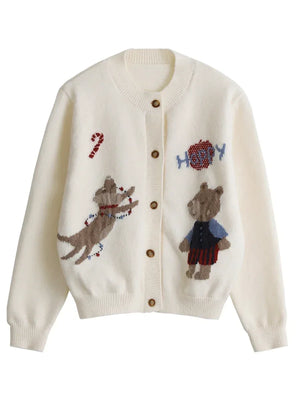 VILZSTUDIOS Retro Jacquard Happy Bear Cardigan