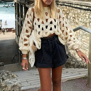 VILZSTUDIOS Chic Hollow Out Crew Neck Sweater