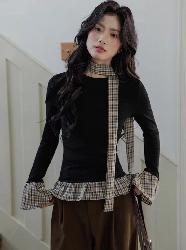 Chic Black Plaid Long Sleeve Top