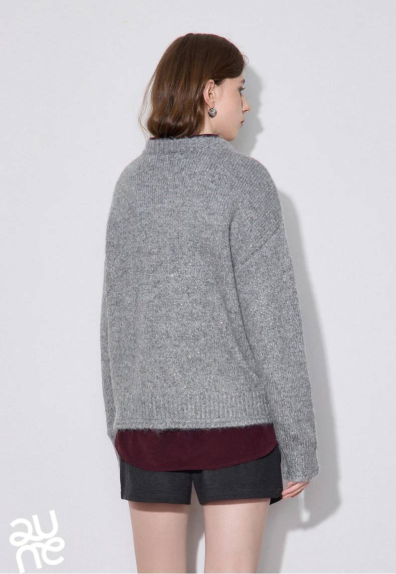 VILZSTUDIOS Sparkling Bead Camel Velvet Knit Sweater