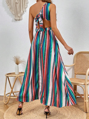 VILZSTUDIOS Striped Print One Shoulder Summer Dress
