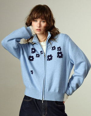 VILZSTUDIOS Flower Embroidered Zipped Cardigan