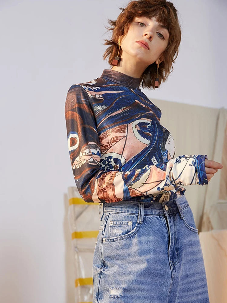 VILZSTUDIOS Blue Ukiyoe Designer Turtleneck Long Sleeve Top