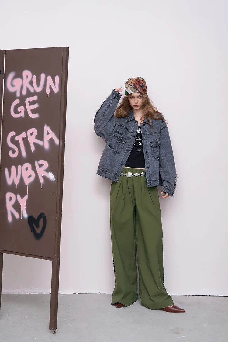 VILZSTUDIOS Solid Loose Wrinkled Straight Leg Pants