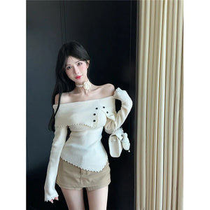 VILZSTUDIOS Chic Flower Knitwear Slash Neck Sweater