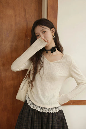 VILZSTUDIOS Hollow Knitted Lace Hem Long Sleeve Top