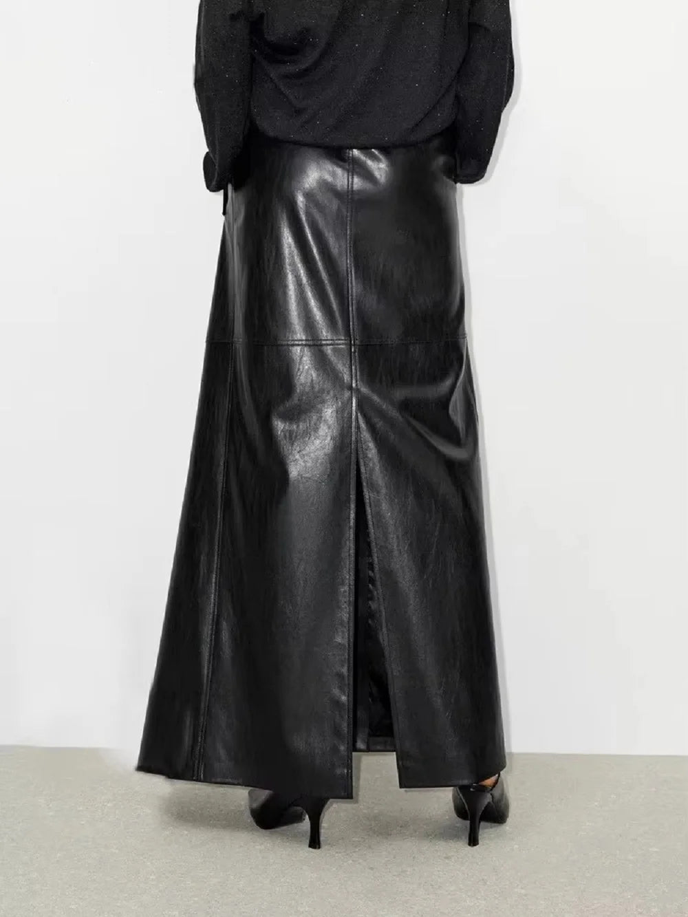 VILZSTUDIOS Shiny Black PU Leather High Waist Skirts