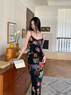 VILZSTUDIOS Black Floral Vacation Bodycon Slip Dress