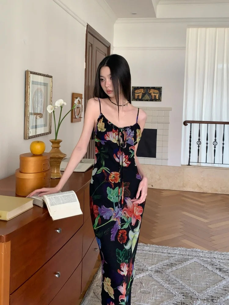 VILZSTUDIOS Black Floral Vacation Bodycon Slip Dress
