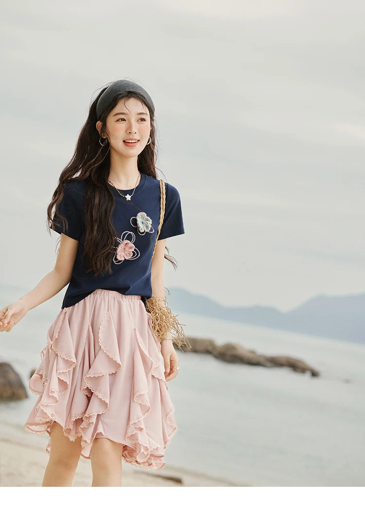 VILZSTUDIOS Floral Beaded T-Shirt