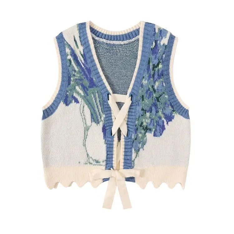 VILZSTUDIOS Vintage Floral Lace-Up Sleeveless Sweater