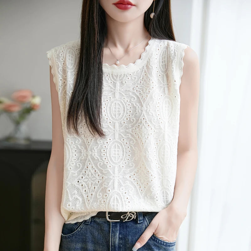 VILZSTUDIOS Soft Jacquard Knitted Wool Sleeveless Blouse
