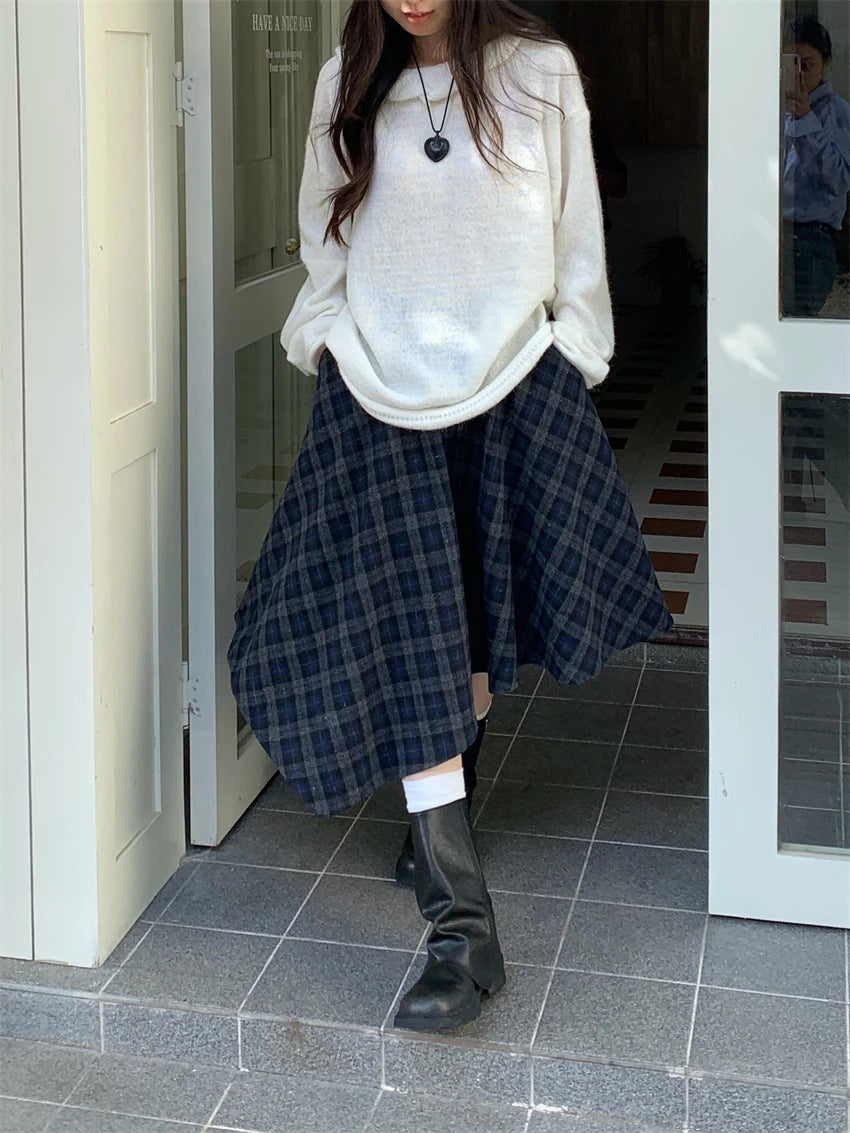 VILZSTUDIOS Blue Plaid Asymmetrical A-Line Skirt