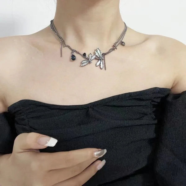 Gothic Black Dragonfly Choker Necklace