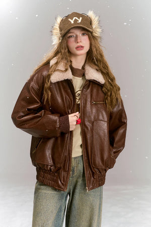 VILZSTUDIOS Vintage Brown Fleece Neck PU Leather Jacket