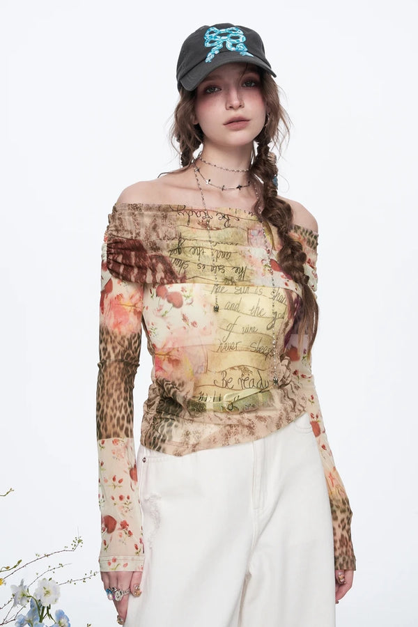 Elegant Printed Mesh Long Sleeve Blouse