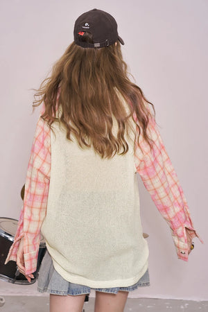 VILZSTUDIOS Plaid Patchwork Print V-Neck Knit Top