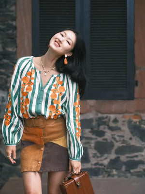 VILZSTUDIOS Striped Embroidered Blouse