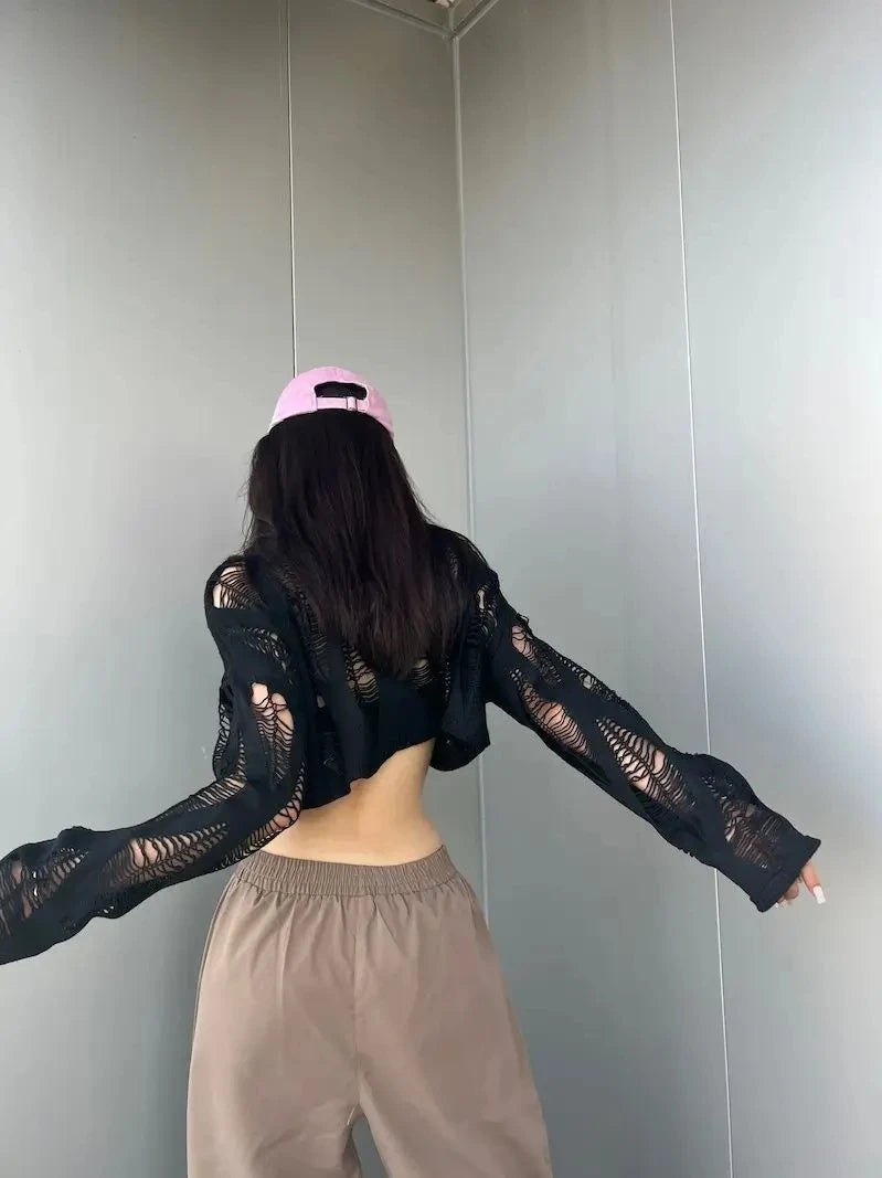 VILZSTUDIOS Black Hollow Knit Mesh Crop Top