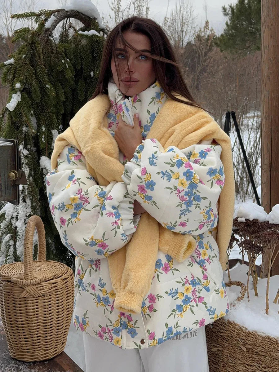 VILZSTUDIOS Cozy Floral Print Oversized Puffer Jacket