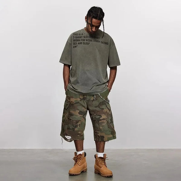 Grinding Camouflage Destroyed Washed Wide Shorts