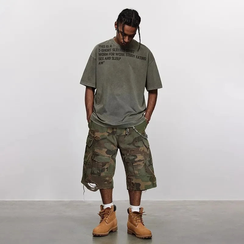 VILZSTUDIOS Grinding Camouflage Destroyed Washed Wide Shorts