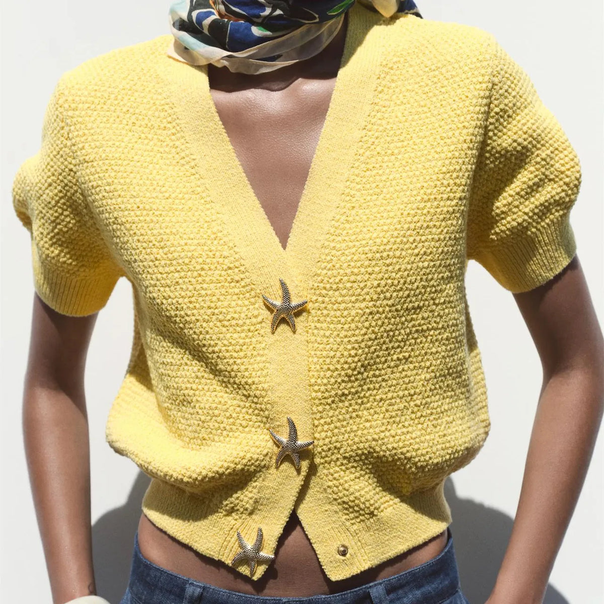VILZSTUDIOS Soft Knit Starfish Button Cropped Cardigan