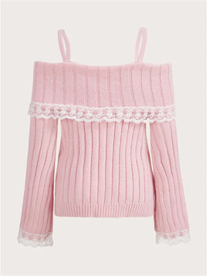 VILZSTUDIOS Pink Grunge Lace Off Shoulder Sweater