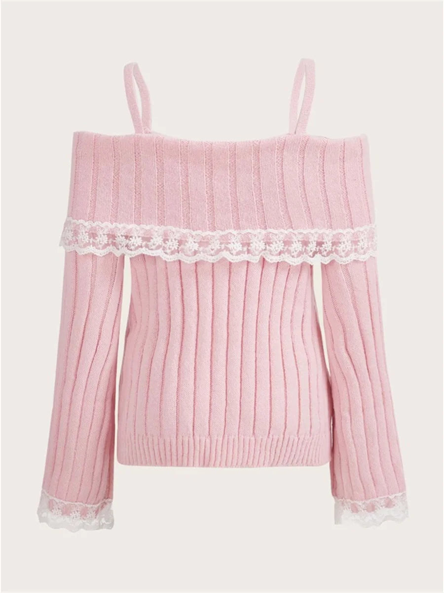 VILZSTUDIOS Pink Grunge Lace Off Shoulder Sweater