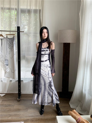 VILZSTUDIOS Elegant Patchwork Mesh Long Slip Dress