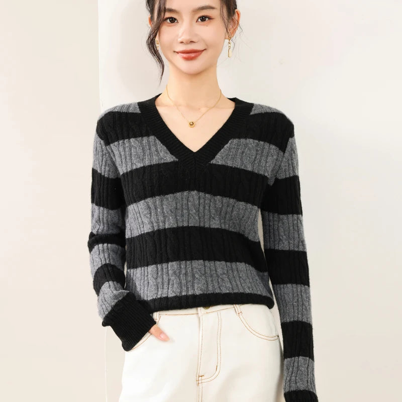 VILZSTUDIOS Cozy Wool Color Block V-Neck Sweater