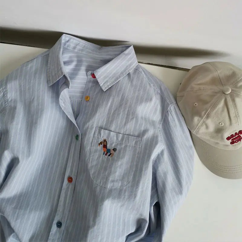 VILZSTUDIOS Cool Cartoon Embroidery Striped Shirt