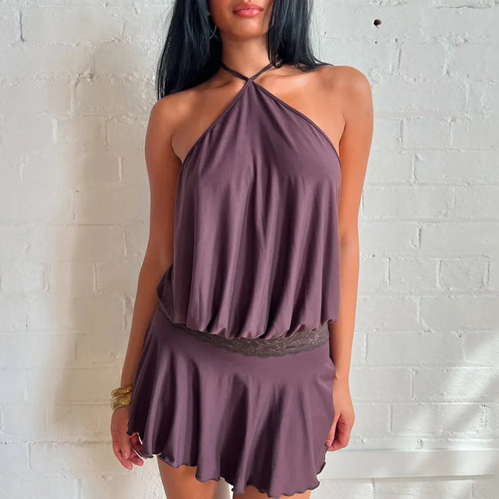 VILZSTUDIOS Sleek Lace Patchwork Halter Mini Dress