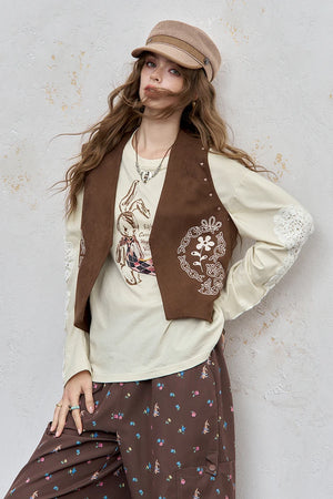 VILZSTUDIOS Cozy Loose Fit Rabbit Print Long Sleeve Top