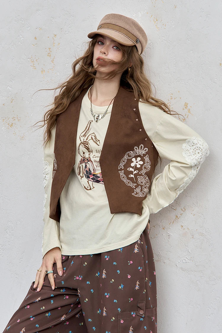 VILZSTUDIOS Cozy Loose Fit Rabbit Print Long Sleeve Top
