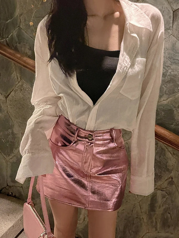 Shiny Pink Silver Reflective Patent Leather Skirts
