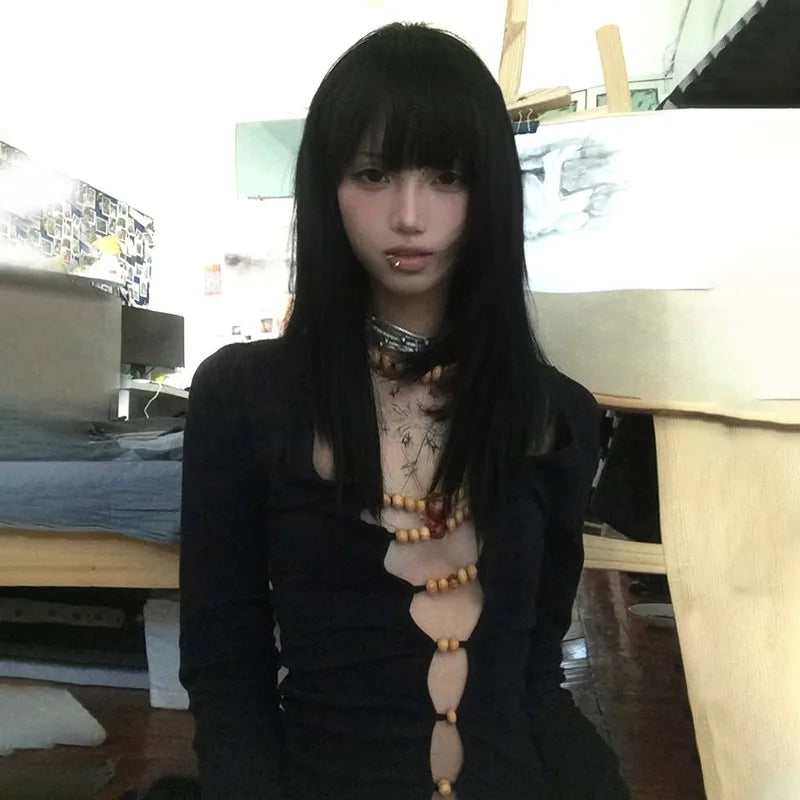 VILZSTUDIOS Vintage Beaded Hollow Out Long Sleeve Top