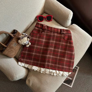 VILZSTUDIOS Plaid Lace Mini Skirt