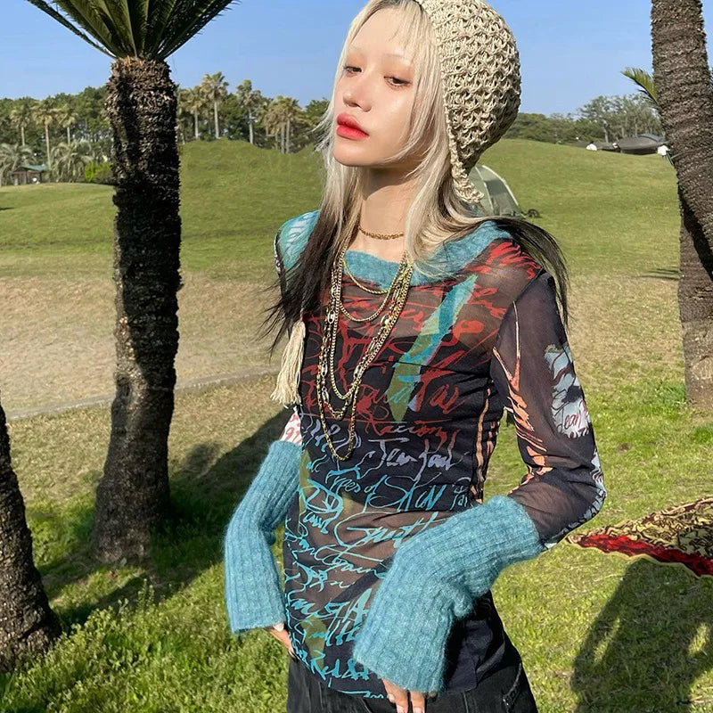 VILZSTUDIOS Sheer Mesh Patchwork Long Sleeve T-Shirt